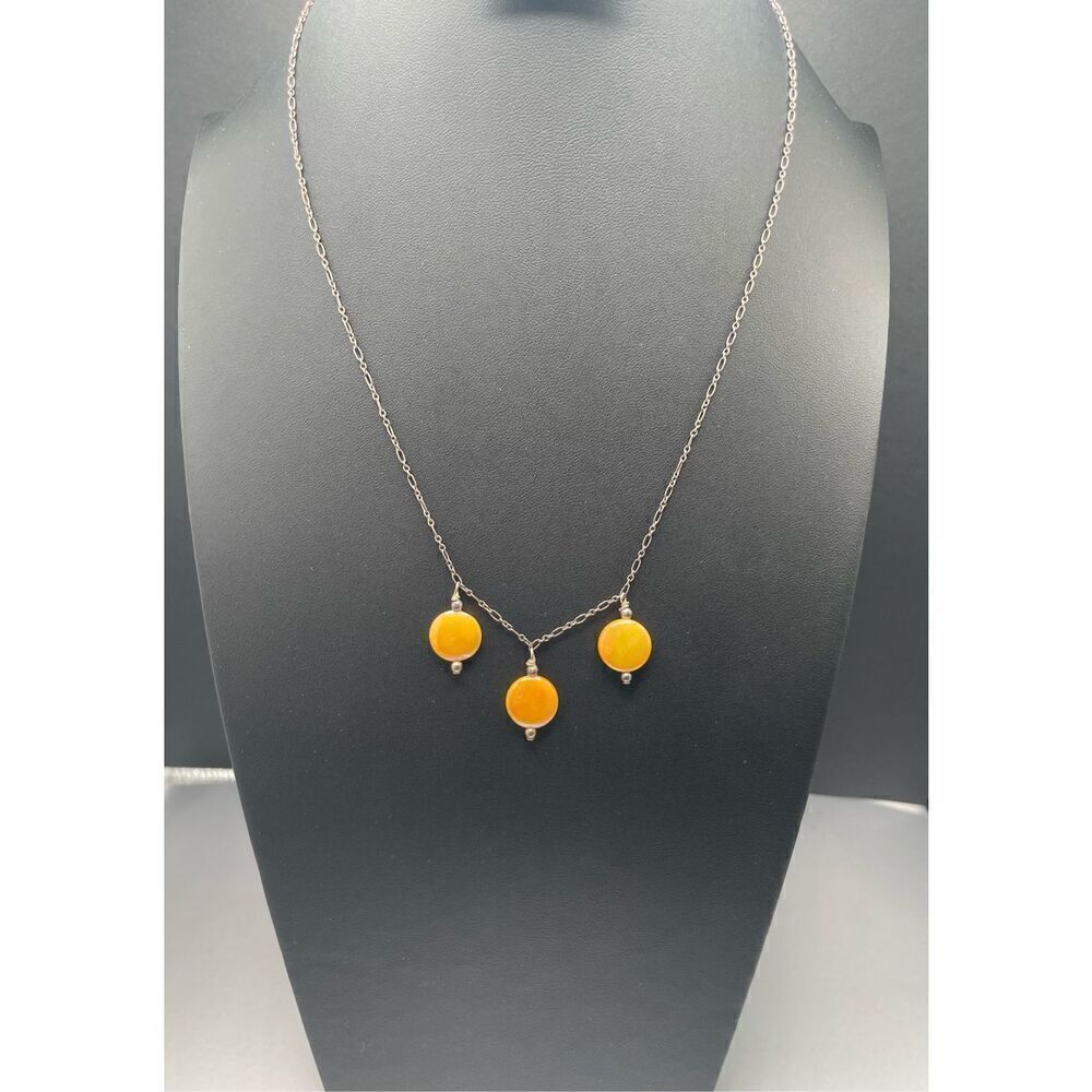 Vintage Sterling Silver 925 Yellow Jade 3 Stone Necklace